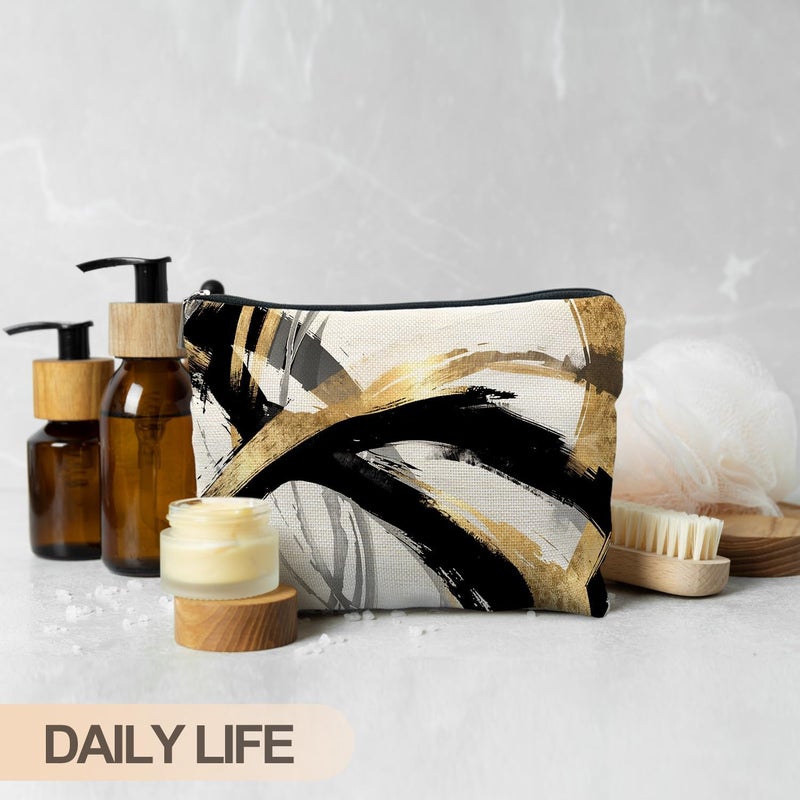 RYYCDOI Abstract Black and Gold Makeup Bag, Boho Black White and Gold Cosmetic Bags for Women, Boho Gifts for Women, Mid Century Modern Zipper Makeup Pouch - Image 4